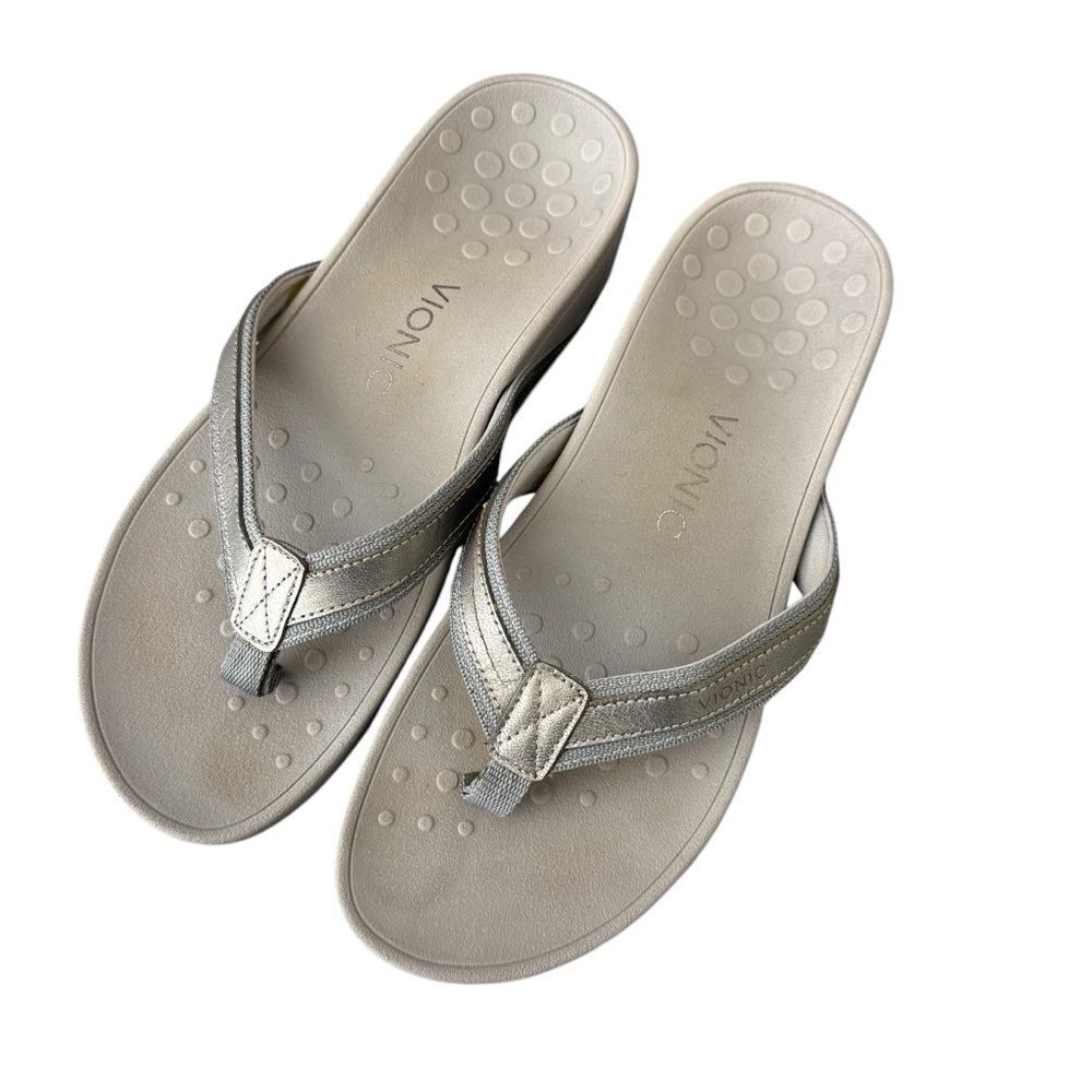 Women's Vionic High Tide Silver Metallic Leather Platform Thongs Size 10 Summer